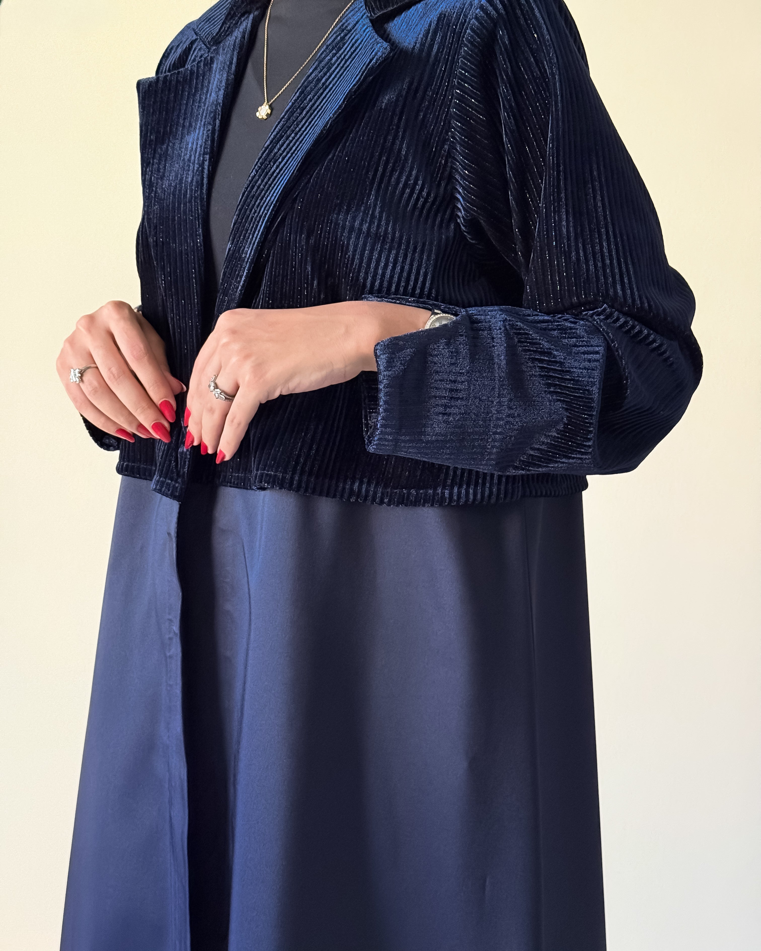 Silver lined velvet & taffeta abaya in trench coat cut