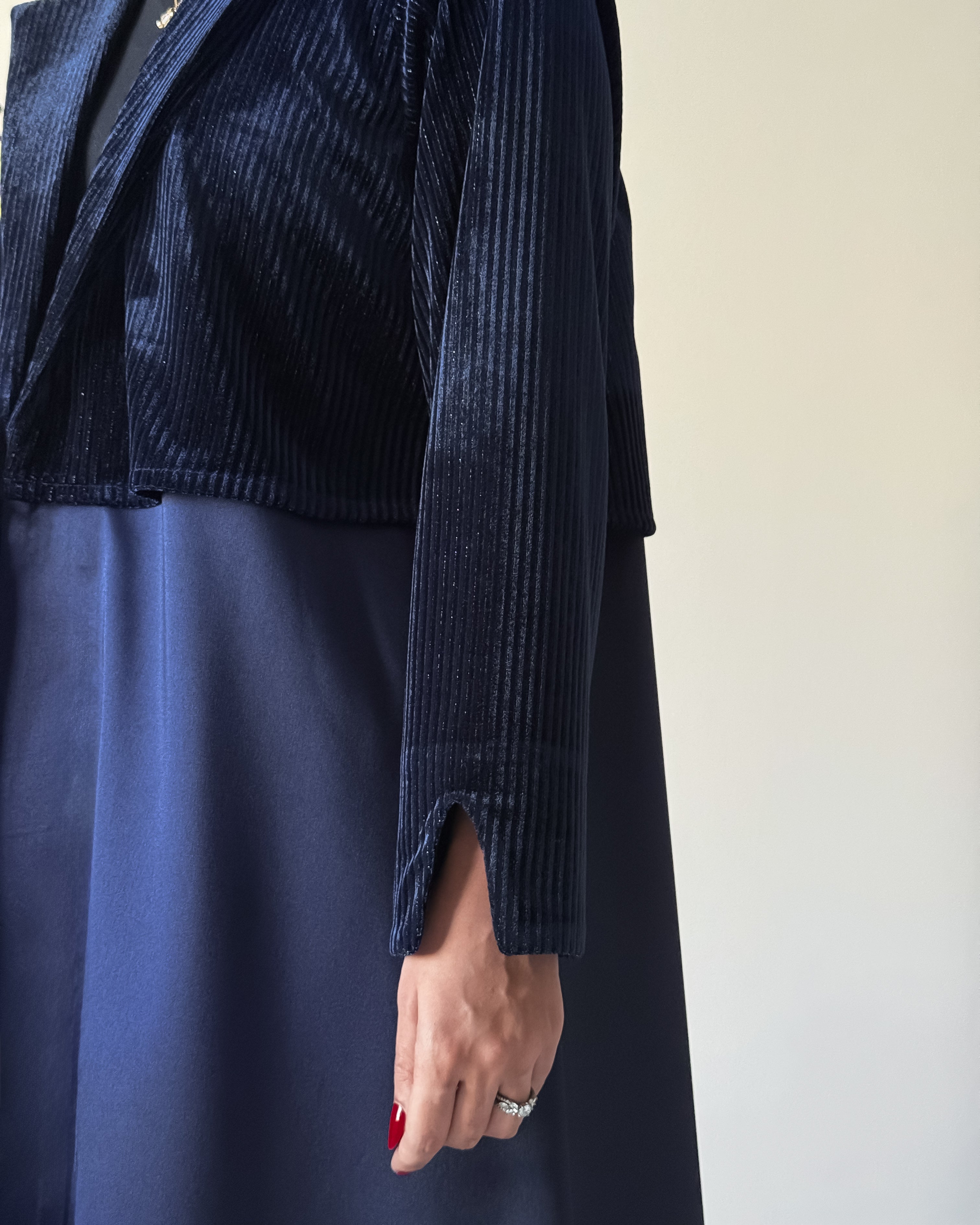 Silver lined velvet & taffeta abaya in trench coat cut