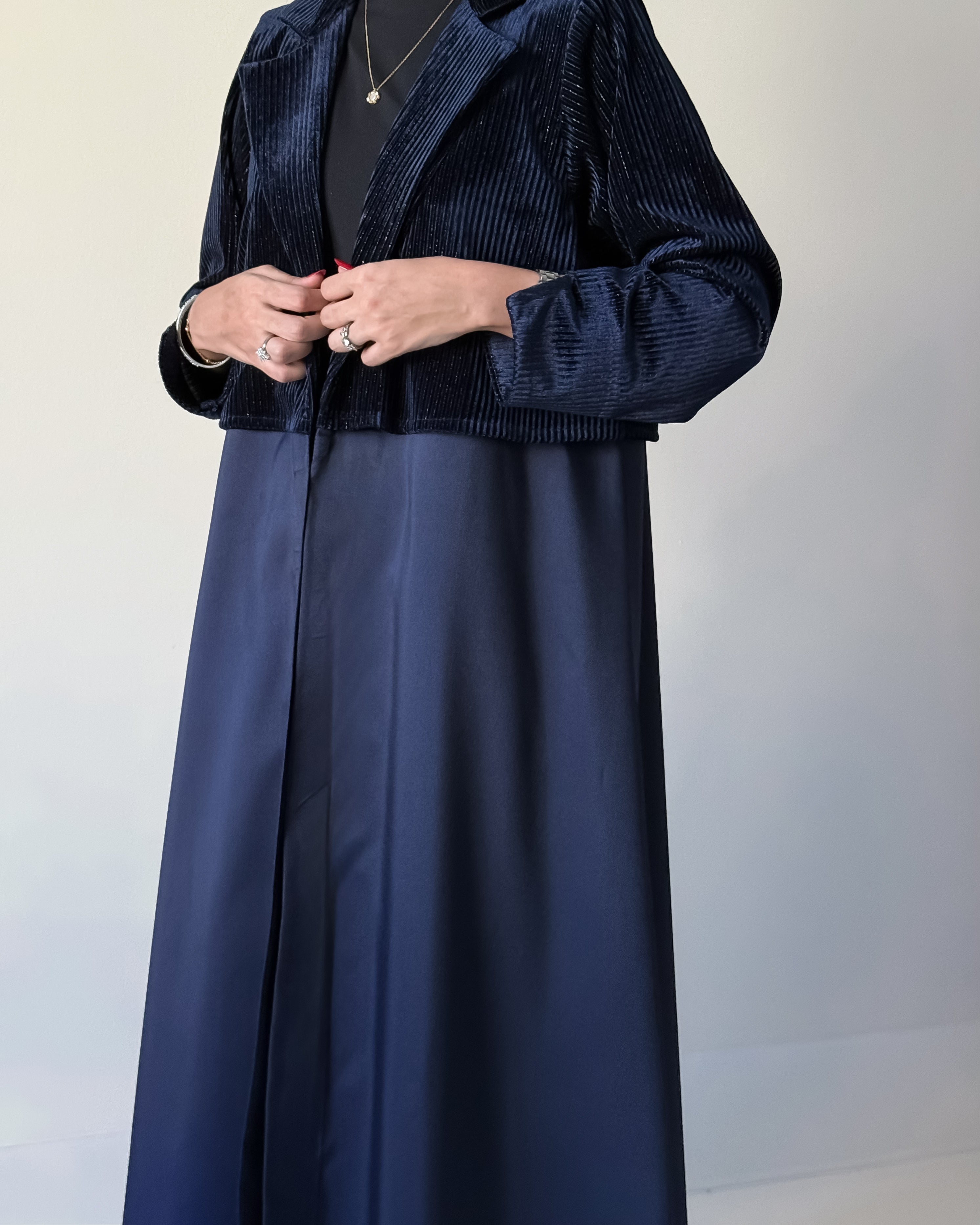 Silver lined velvet & taffeta abaya in trench coat cut