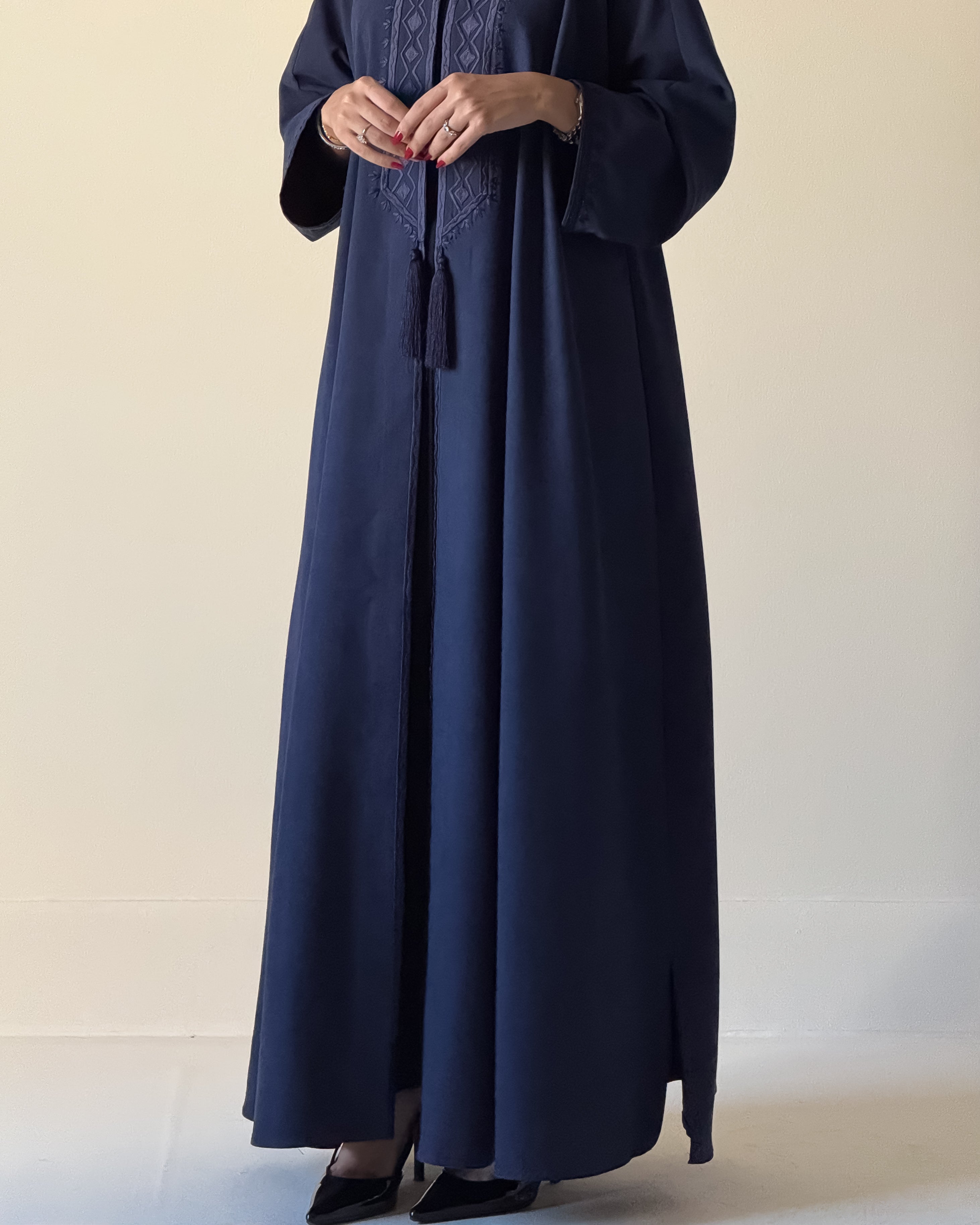Silk suede abaya with hand embroidered front & sleeves