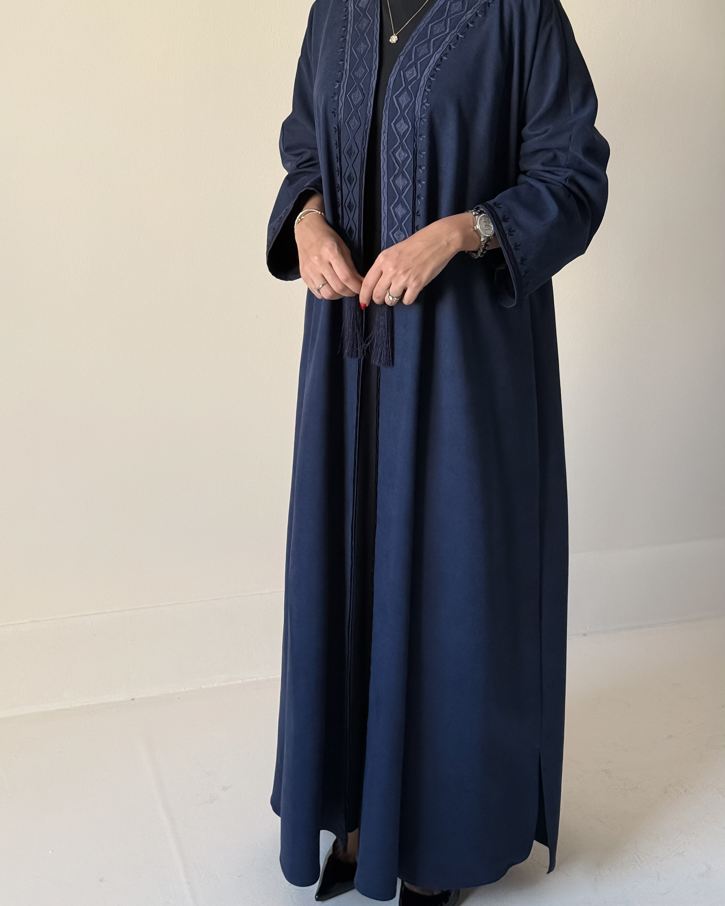Silk suede abaya with hand embroidered front & sleeves