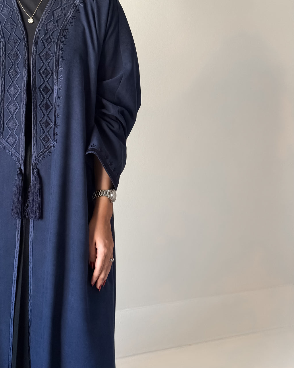 Silk suede abaya with hand embroidered front & sleeves