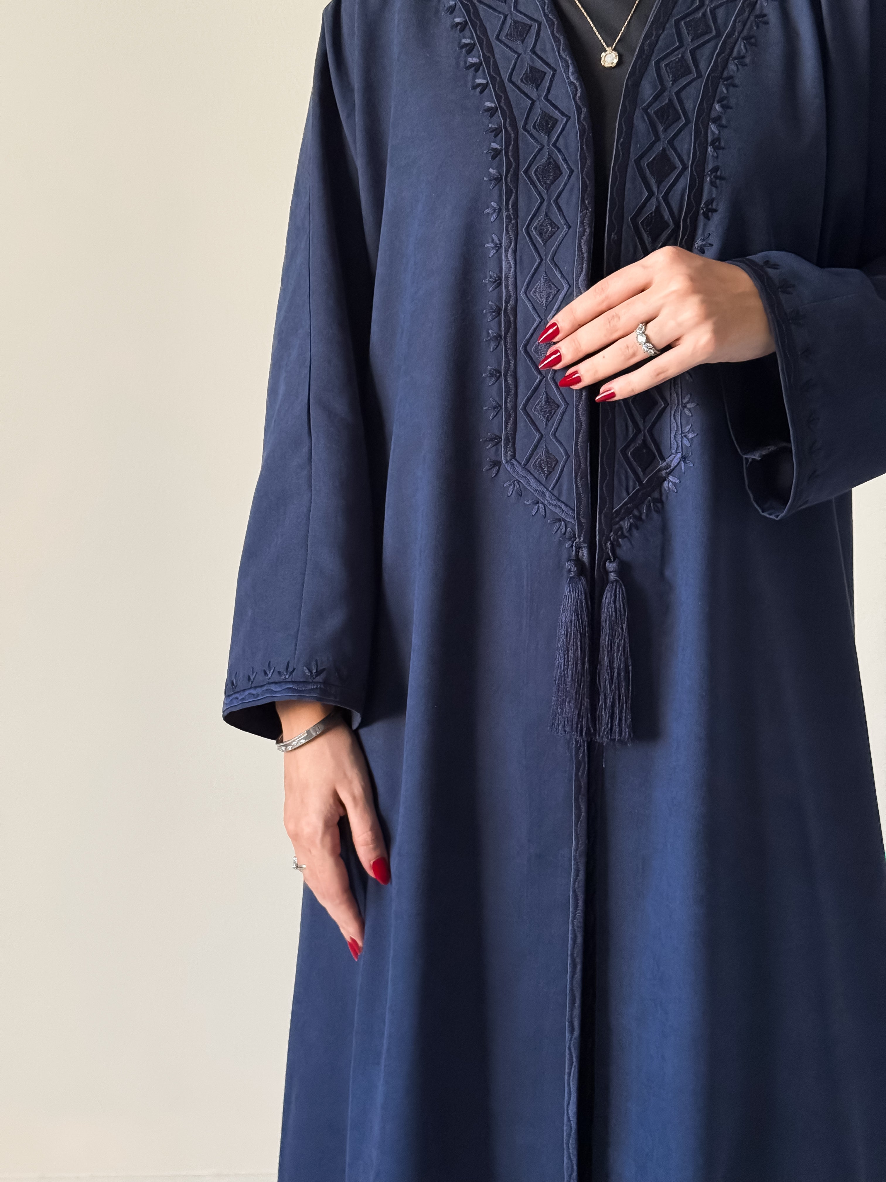 Silk suede abaya with hand embroidered front & sleeves