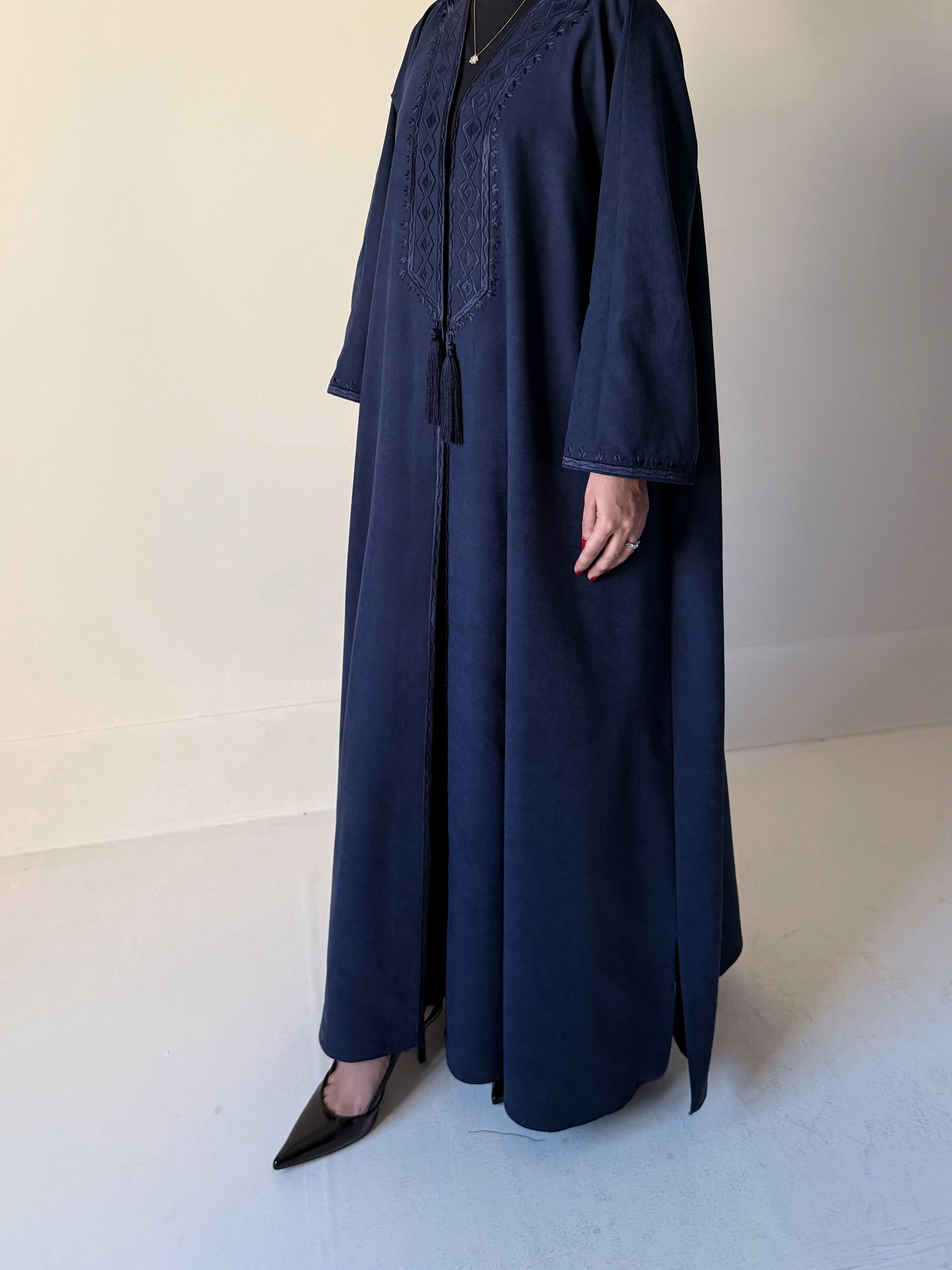 Silk suede abaya with hand embroidered front & sleeves