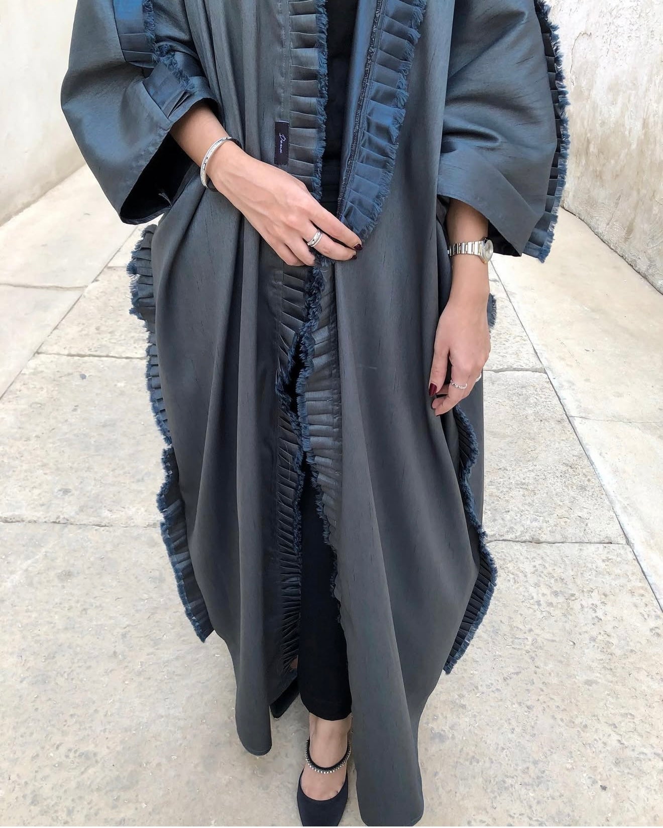 Raffles edges silk abaya in charcoal