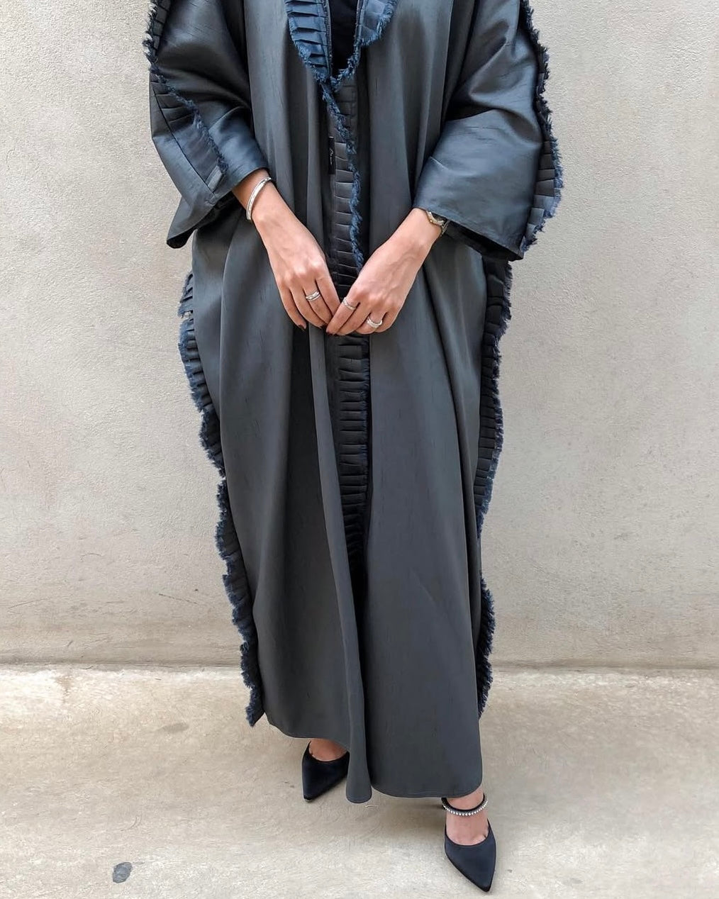 Raffles edges silk abaya in charcoal