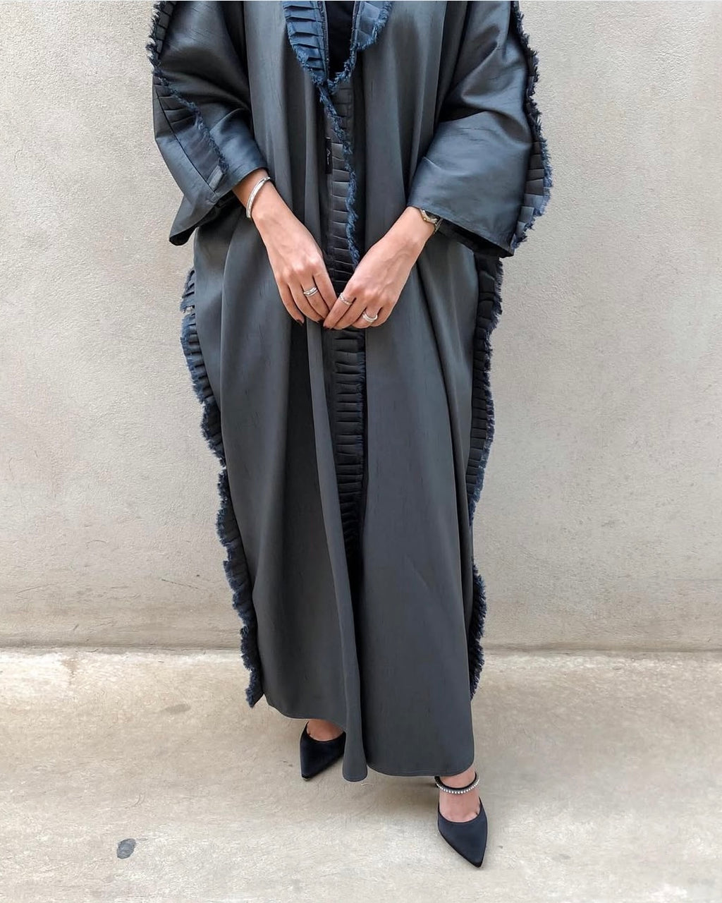 Raffles edges silk abaya in charcoal