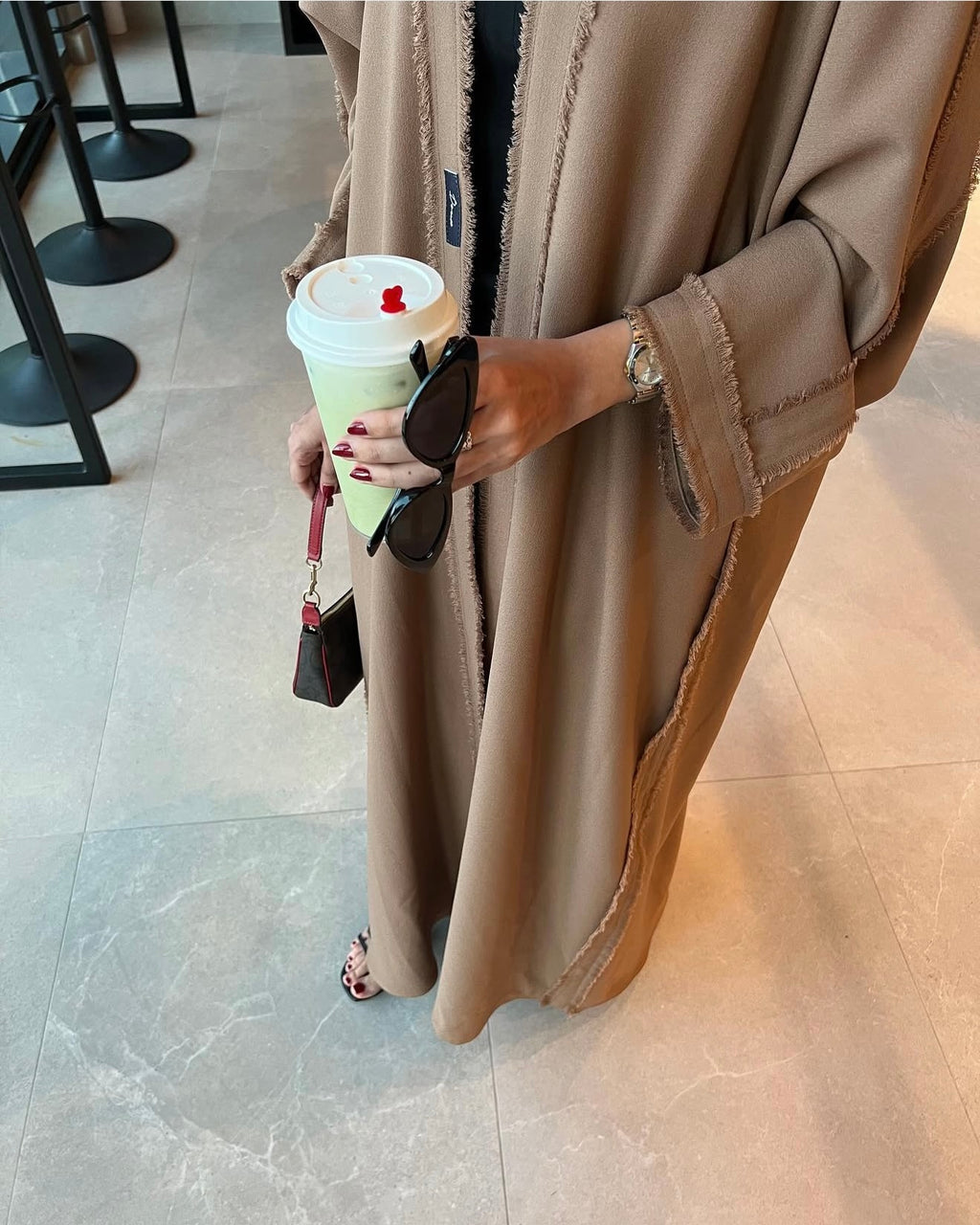 Pre fall crep abaya with raw edges in Burnt almond