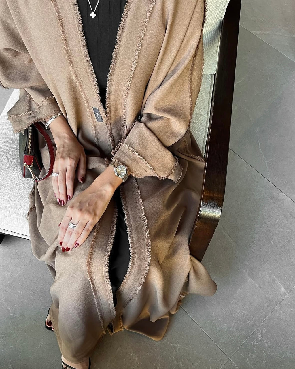 Pre fall crep abaya with raw edges in Burnt almond