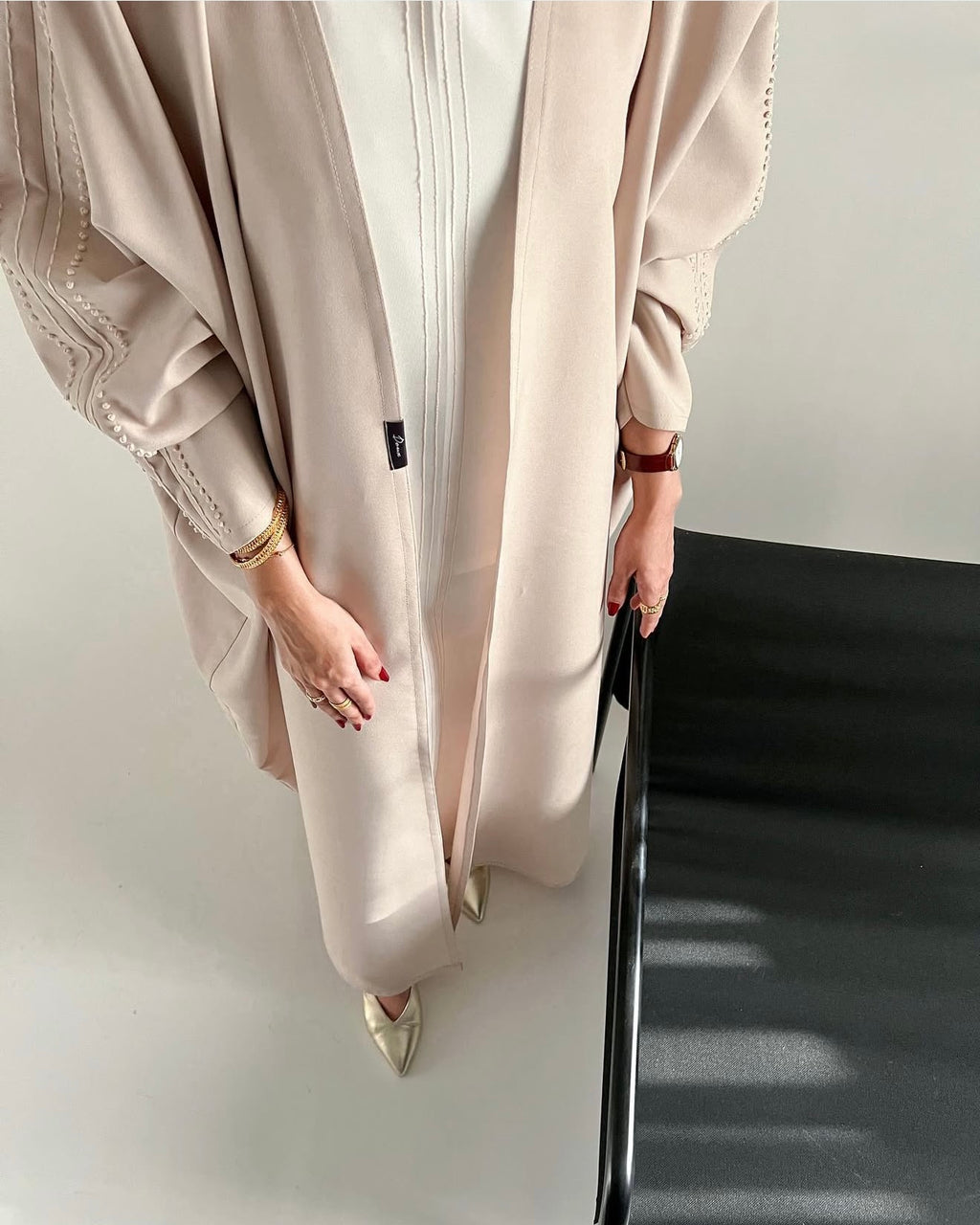 Beige crepe set with hand embroidery on sleeves