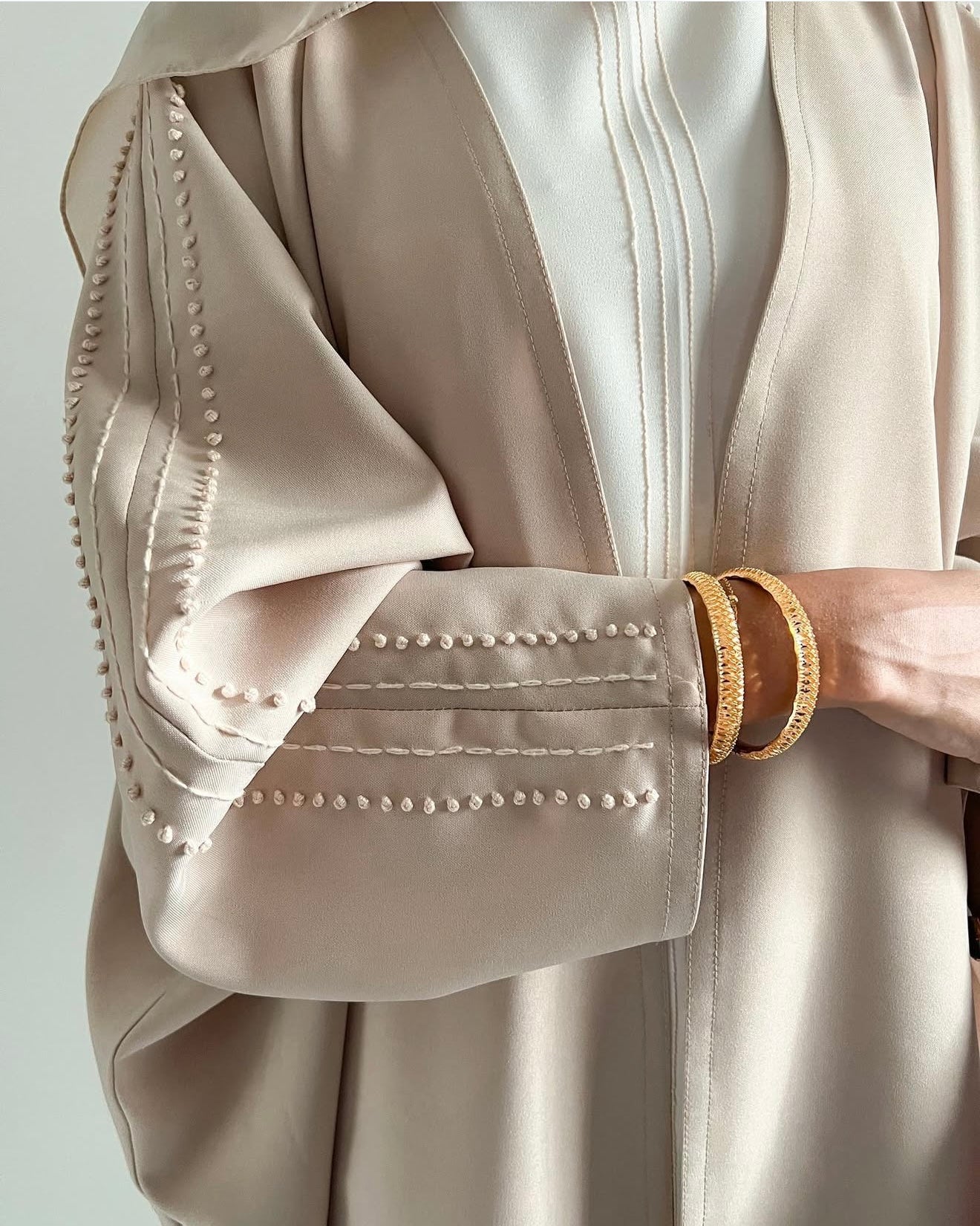 Beige crepe set with hand embroidery on sleeves