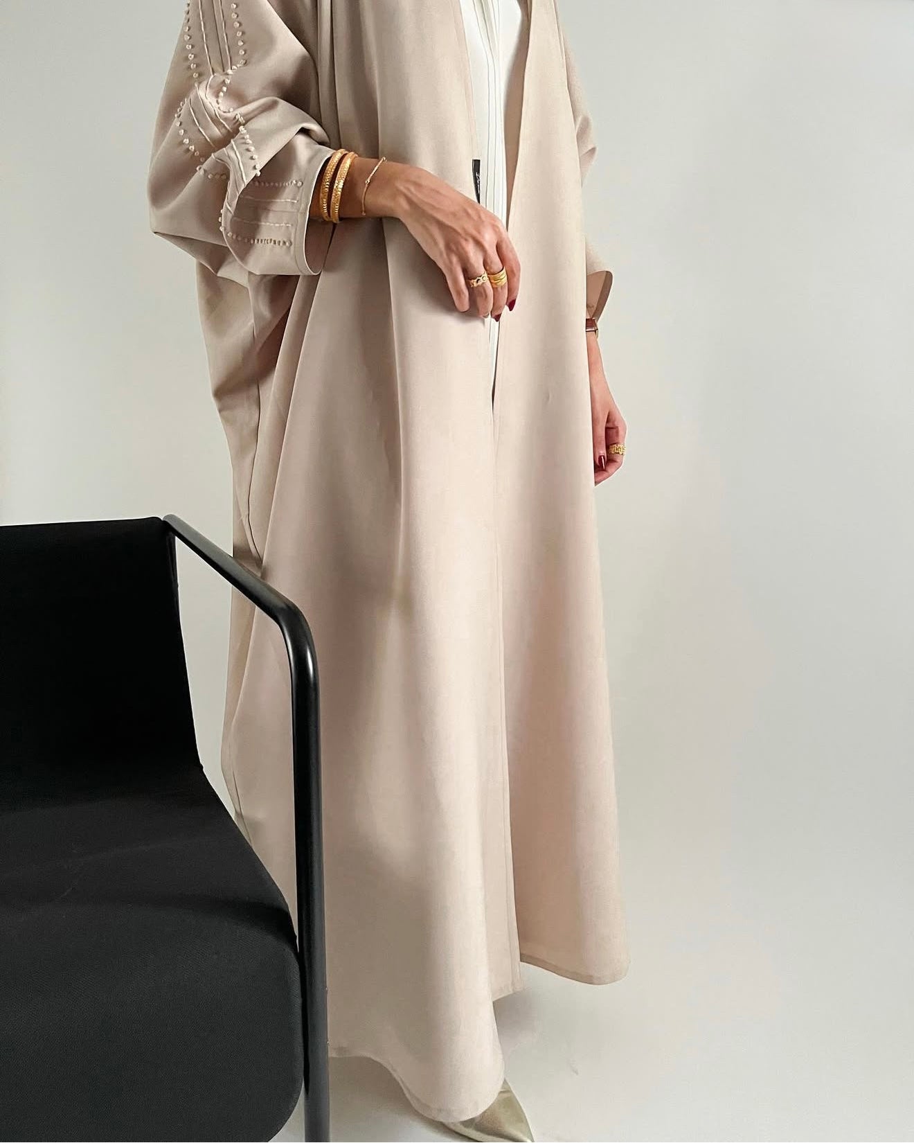 Beige crepe set with hand embroidery on sleeves