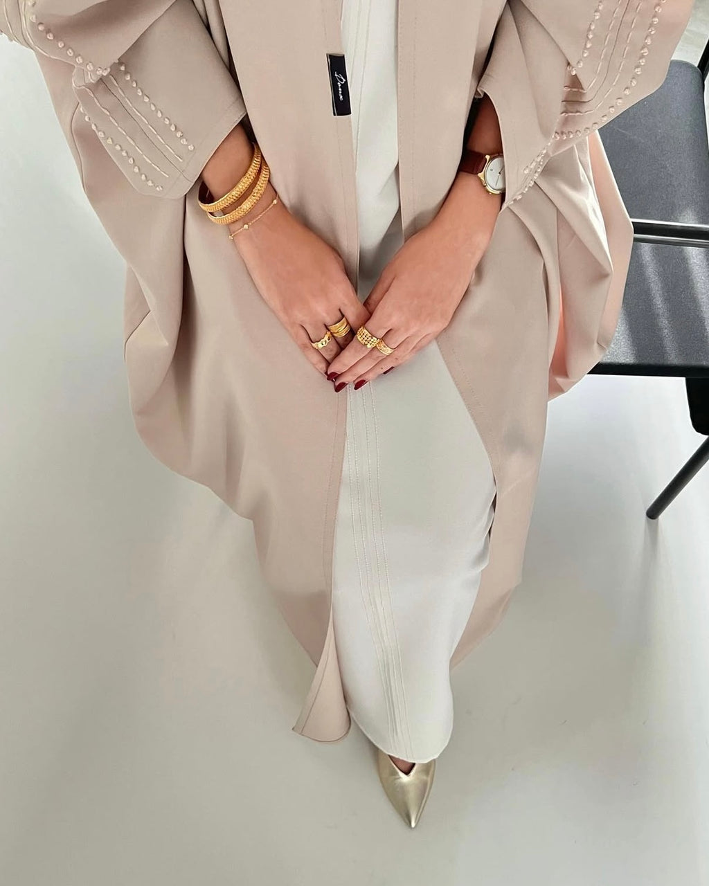 Beige crepe set with hand embroidery on sleeves