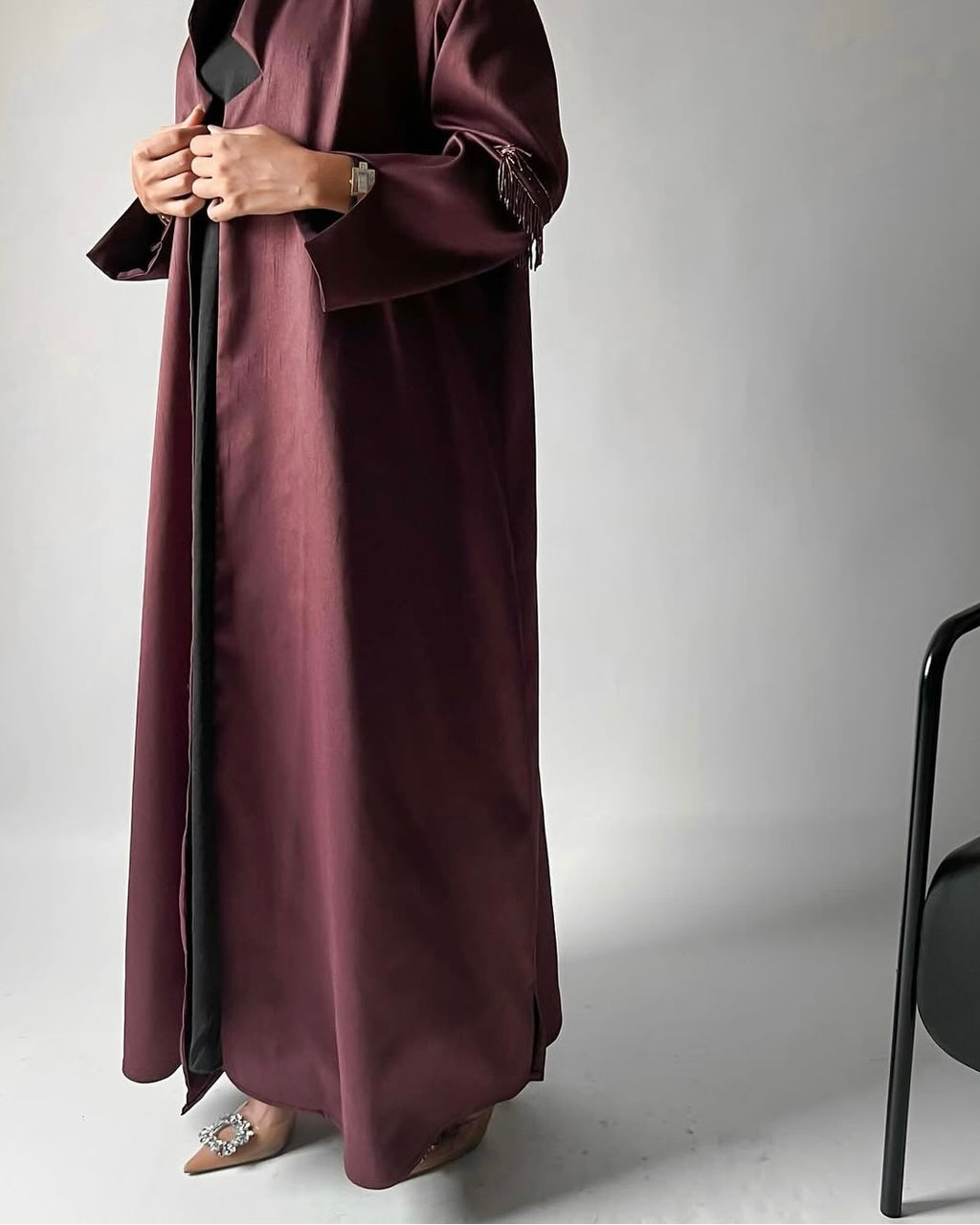 Beads on sleeves abaya in silk fabric