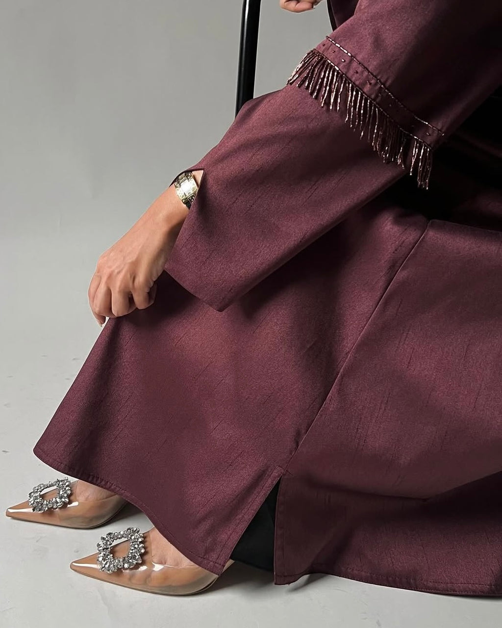 Beads on sleeves abaya in silk fabric