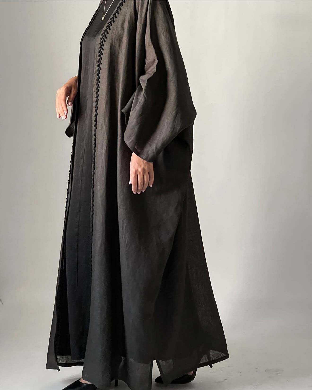 Half bisht cut pure linen abaya with hand embroidery