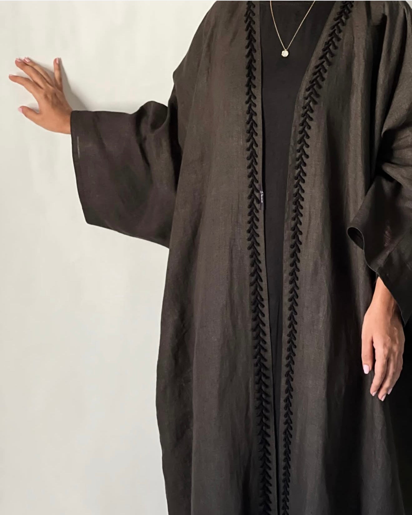 Half bisht cut pure linen abaya with hand embroidery
