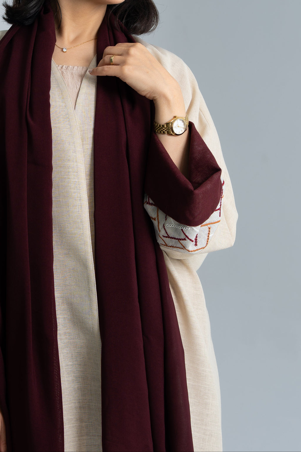 Beige Linen Abaya in Half Bisht Cut
