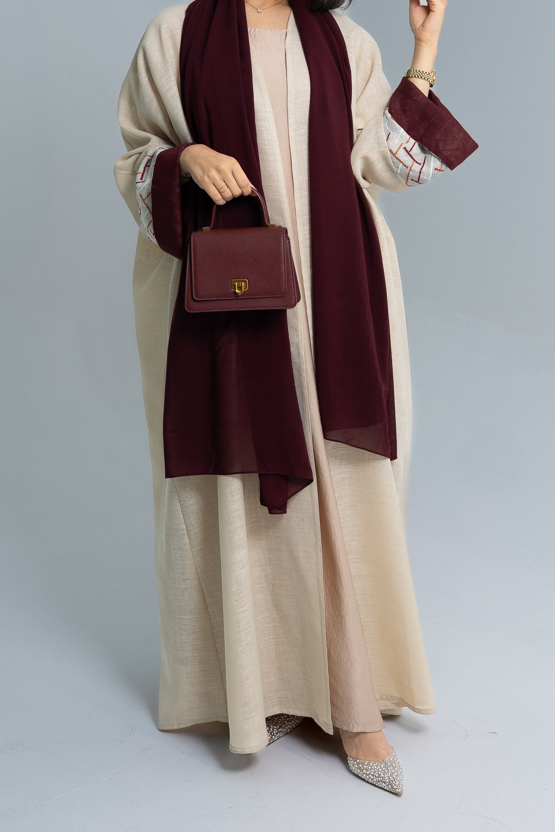 Beige Linen Abaya in Half Bisht Cut