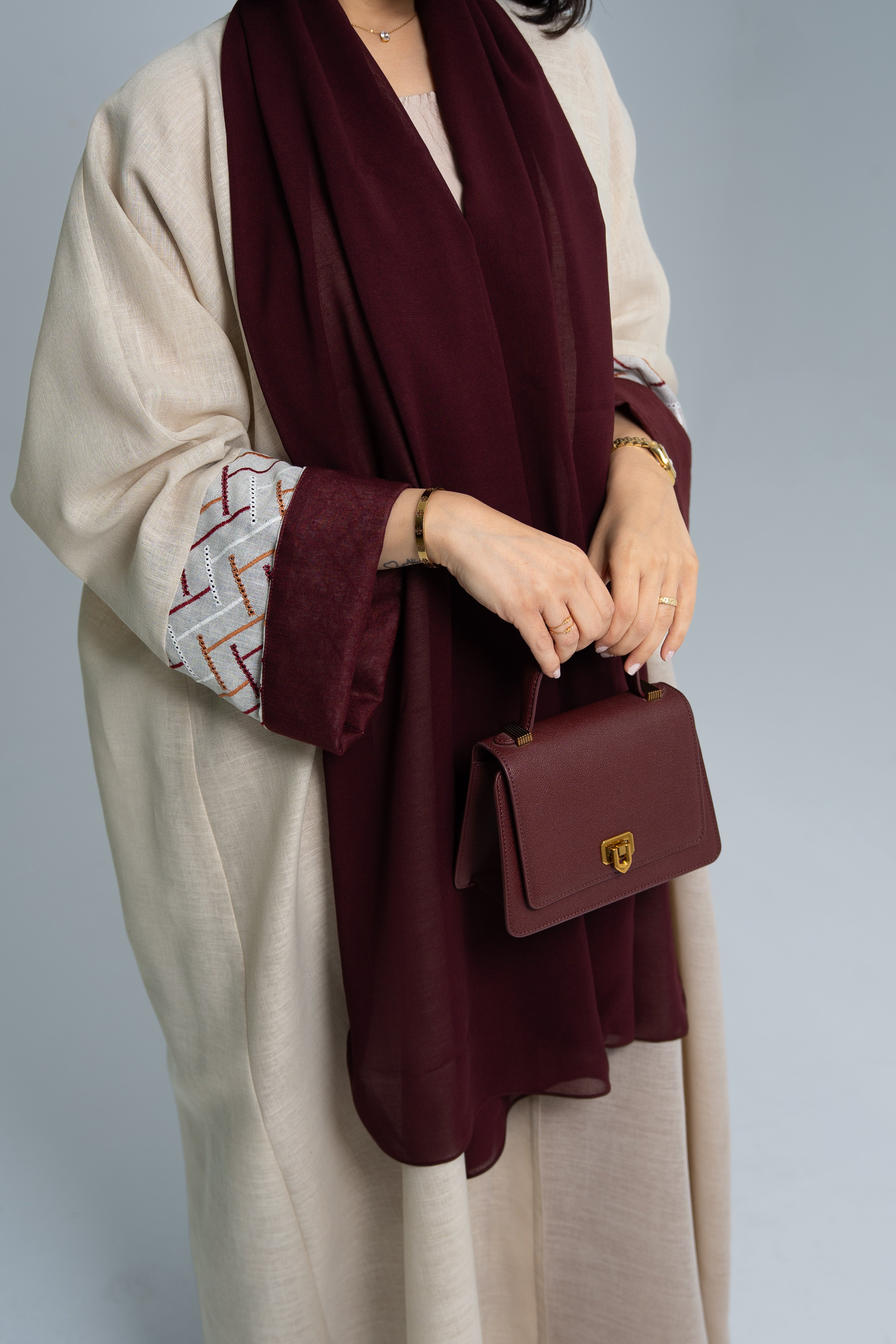 Beige Linen Abaya in Half Bisht Cut