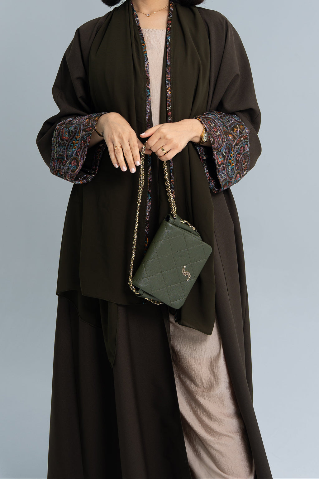 Bisht cut abaya with Indian embroidery on sleeves