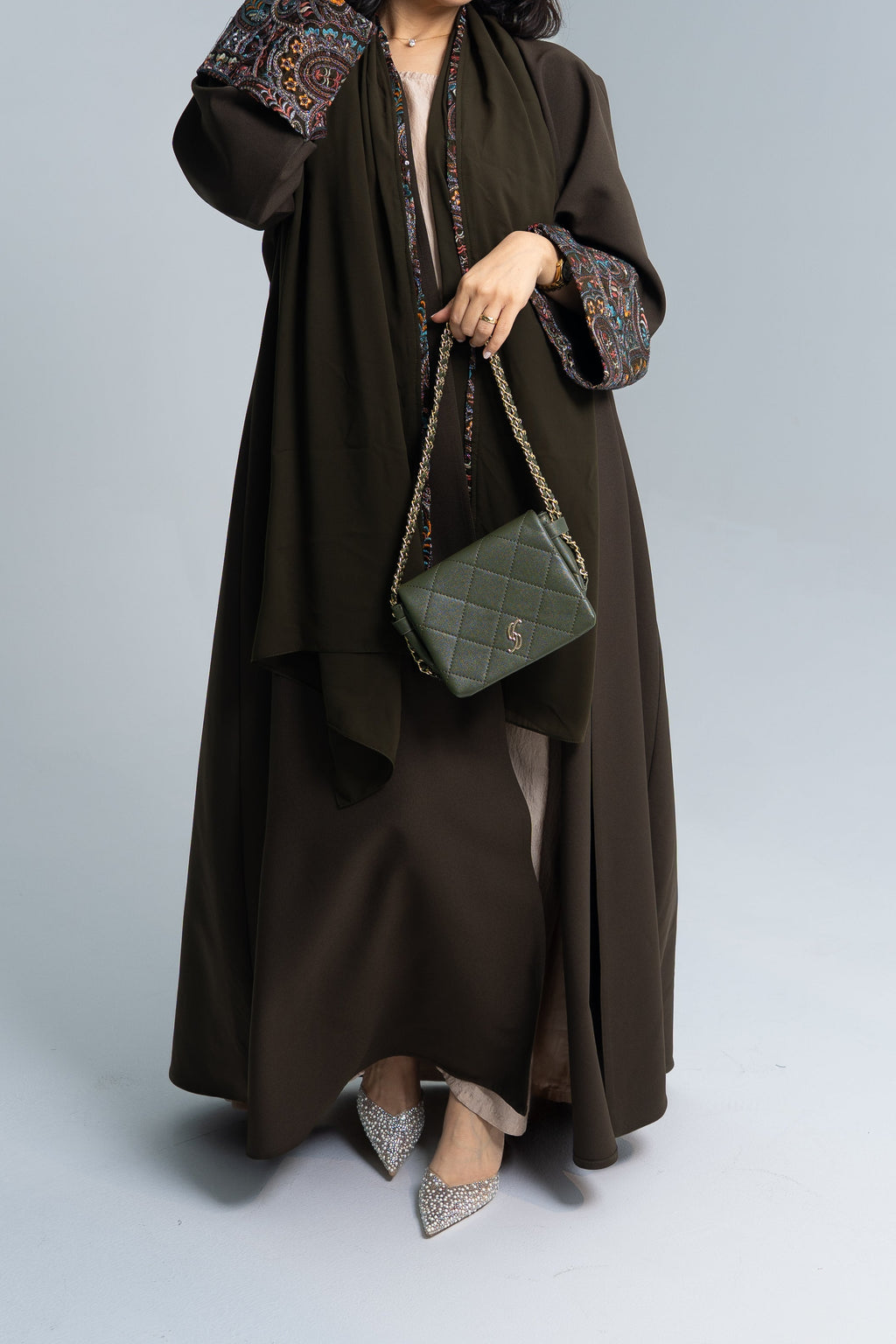 Bisht cut abaya with Indian embroidery on sleeves