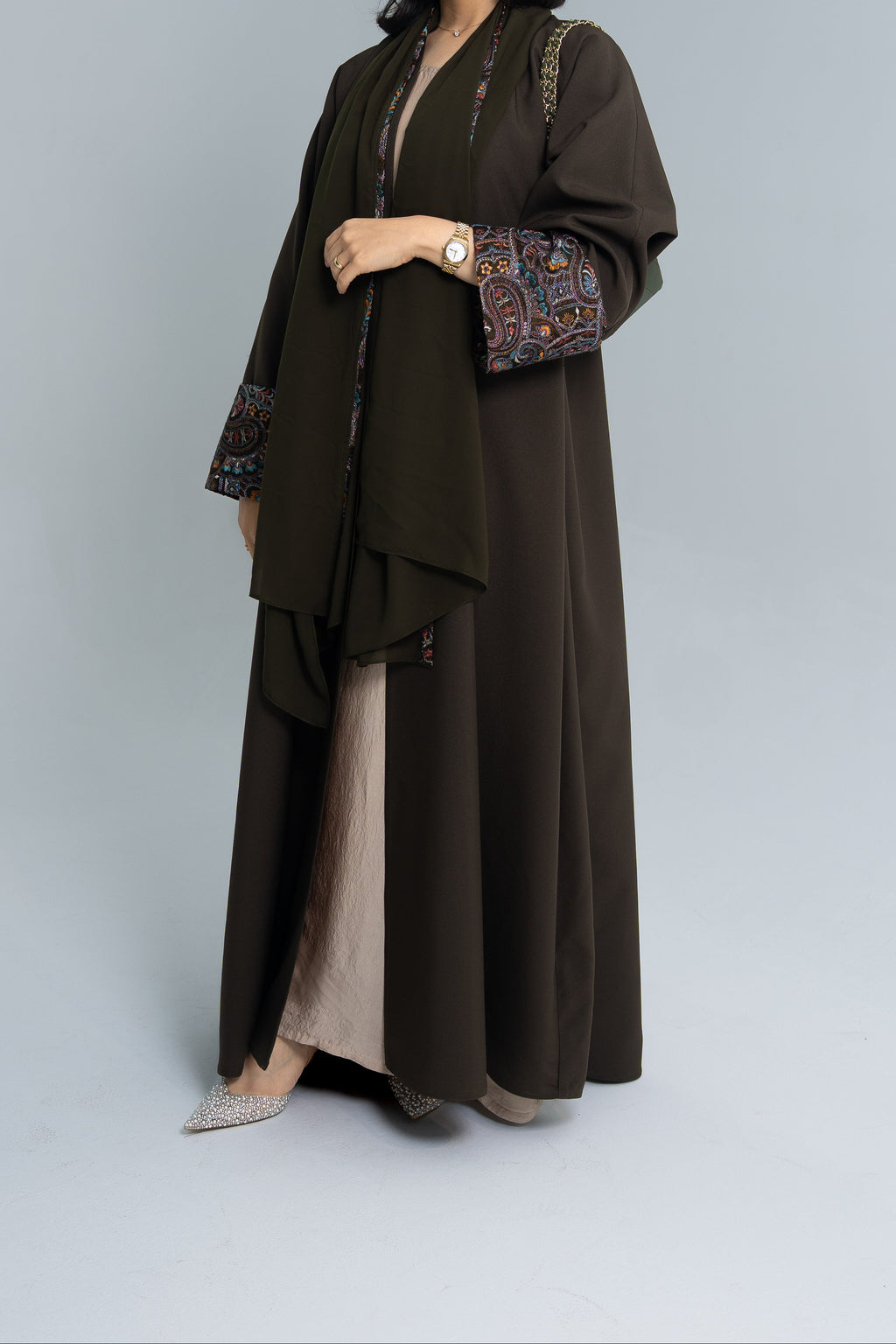 Bisht cut abaya with Indian embroidery on sleeves