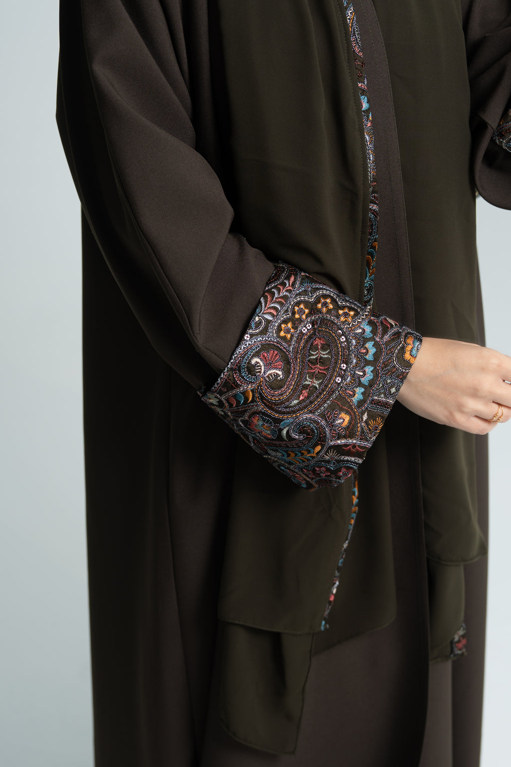 Bisht cut abaya with Indian embroidery on sleeves