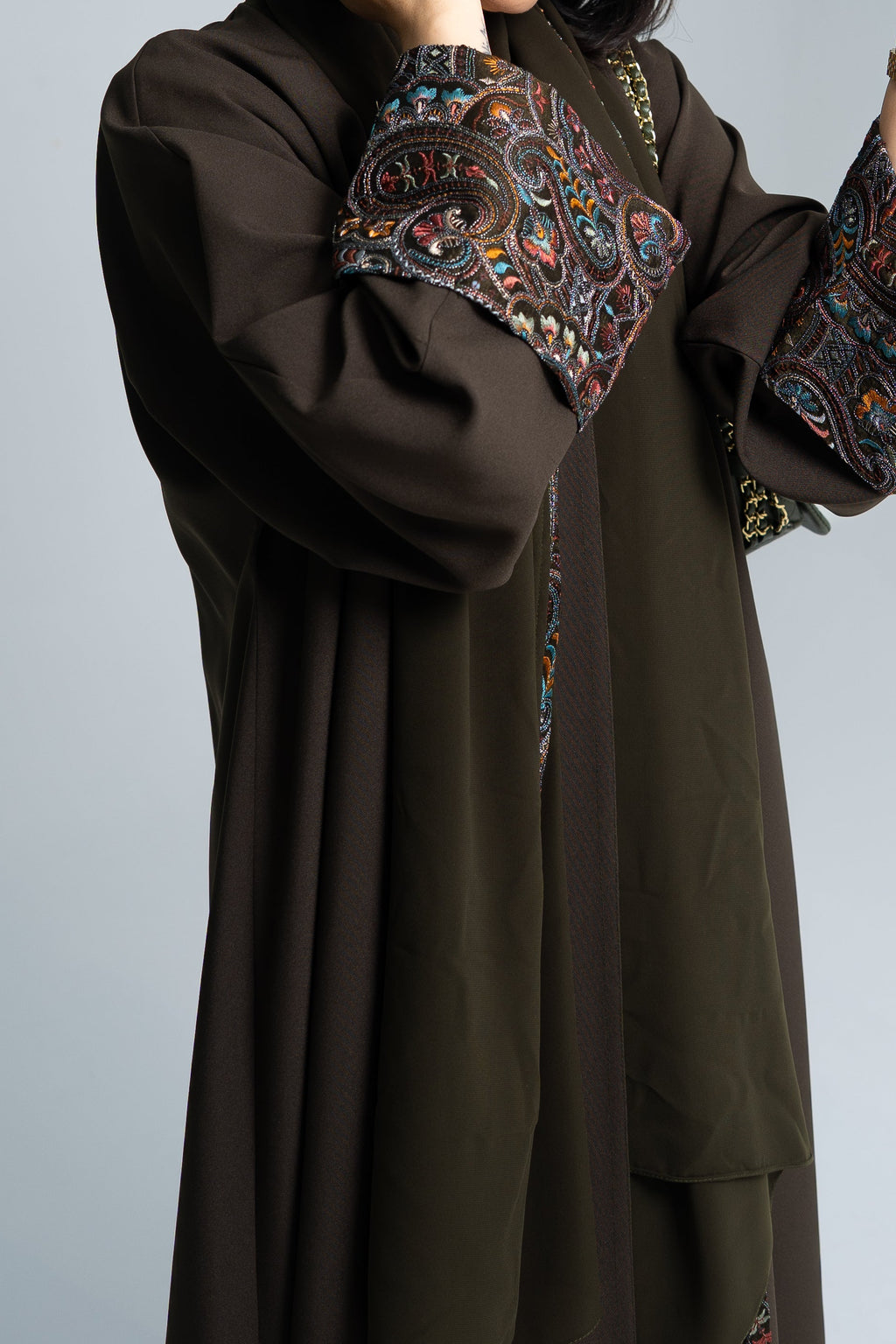 Bisht cut abaya with Indian embroidery on sleeves