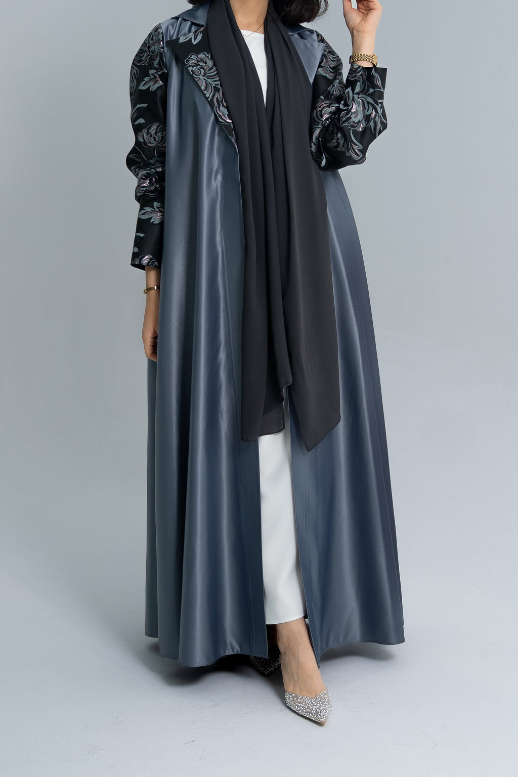 Blazer cut abaya with floral silk jacquard