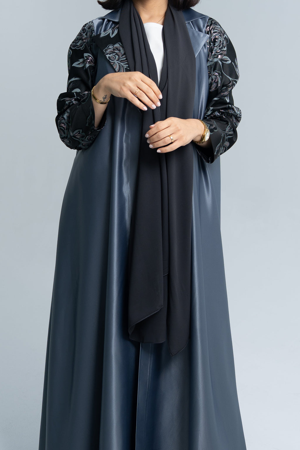 Blazer cut abaya with floral silk jacquard