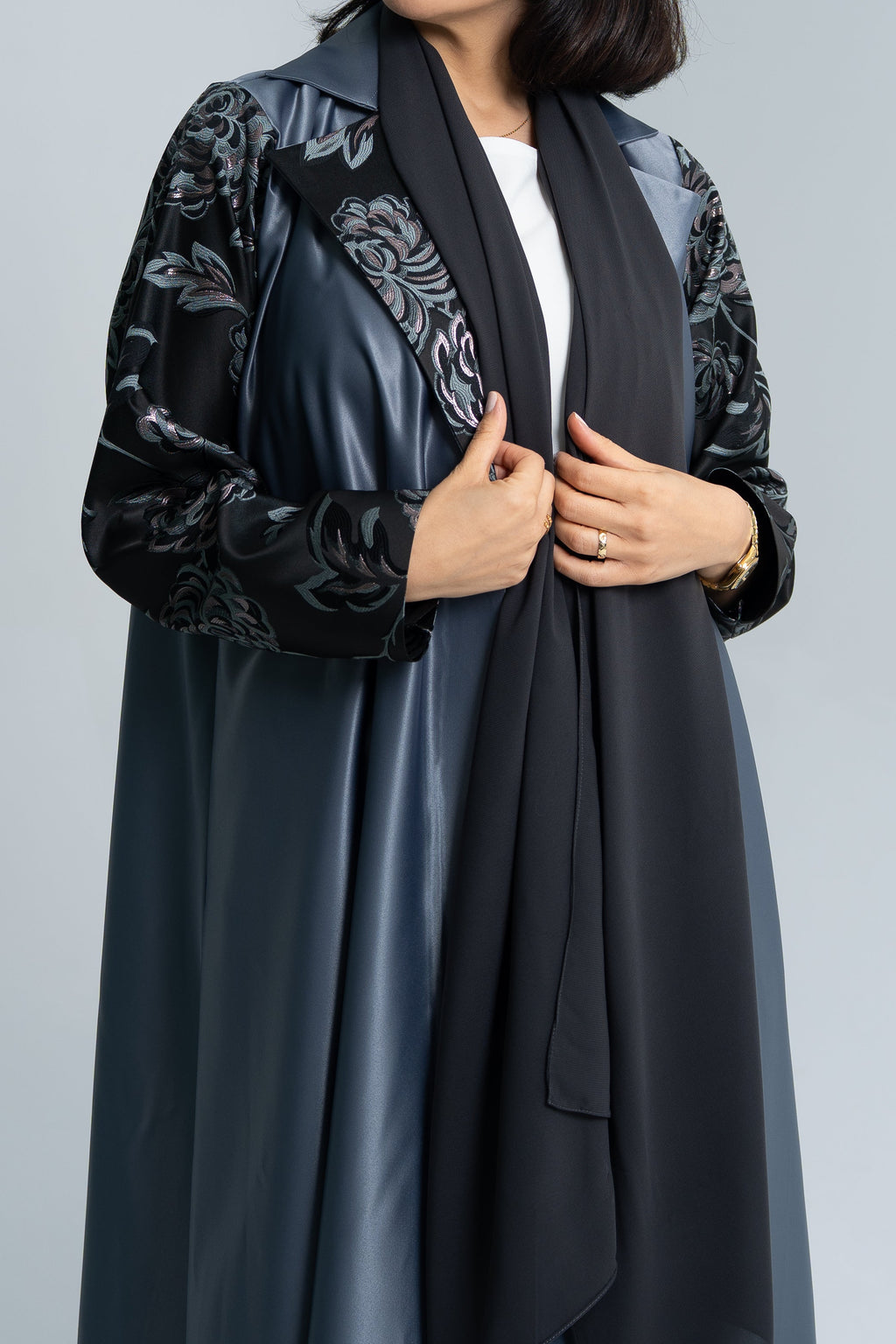 Blazer cut abaya with floral silk jacquard